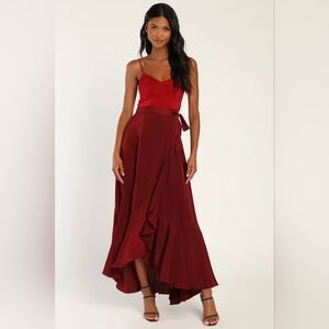 Red V-Neck Satin Bodice Ruffle Wrap Maxi Dress